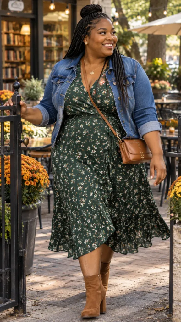 Curvy woman in green floral wrap midi dress and denim jacket at brunch, casual autumn outfit with boots