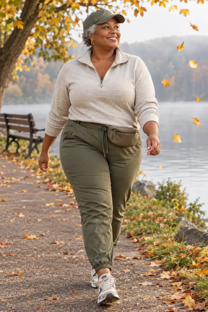 Plus-size woman in quarter-zip sweater, joggers and chunky sneakers on a fall walk, sporty casual autumn outfit