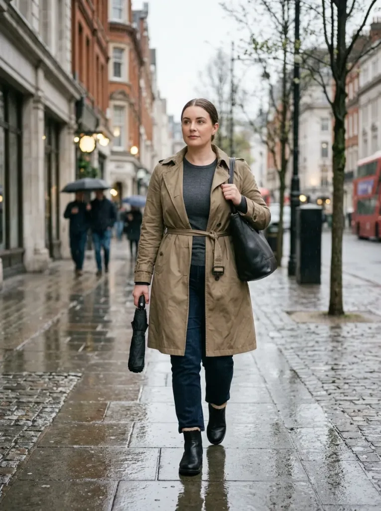 Plus size rainy cold spring outfit with a belted trench and waterproof boots