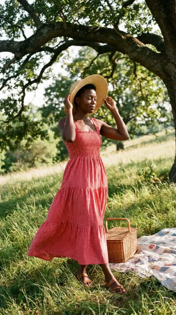 Woman in red gingham maxi dress and straw hat at a Memorial Day blanket picnic