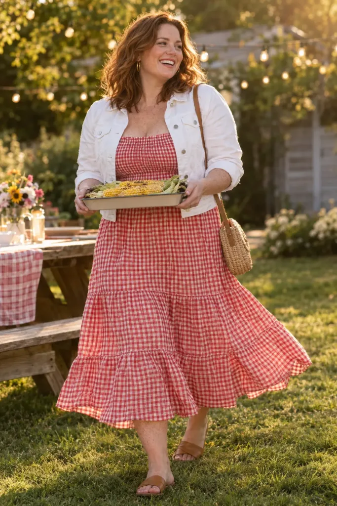 Curvy woman in a red gingham midi dress and white denim jacket at a backyard Memorial Day BBQ
