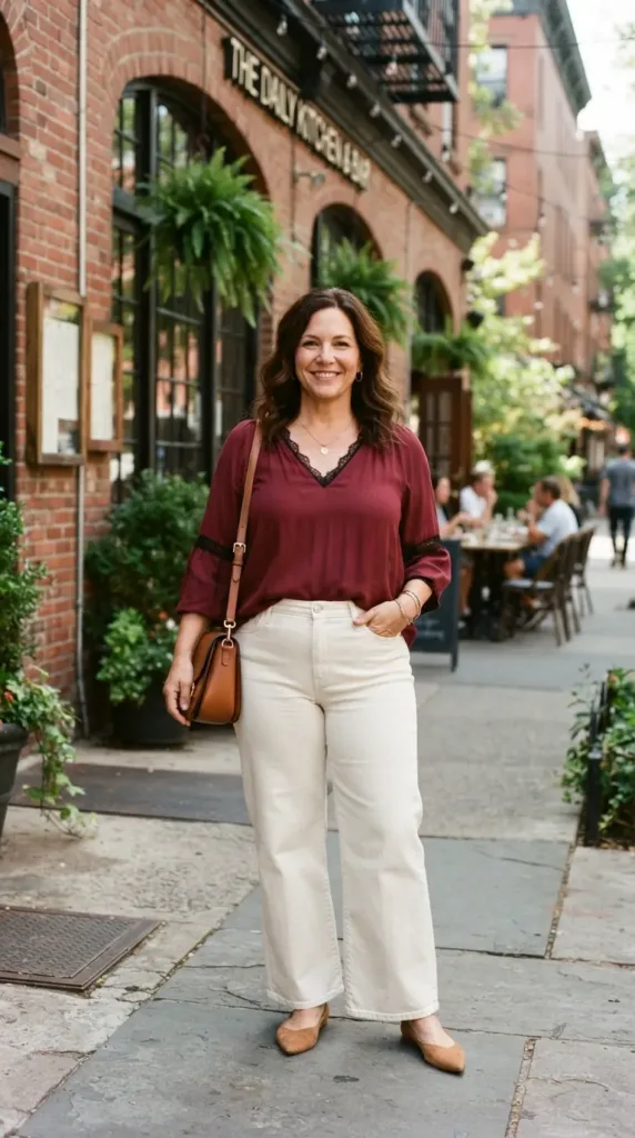 Plus-size pear-shaped woman wearing a wine-red blouse and ecru wide-leg jeans