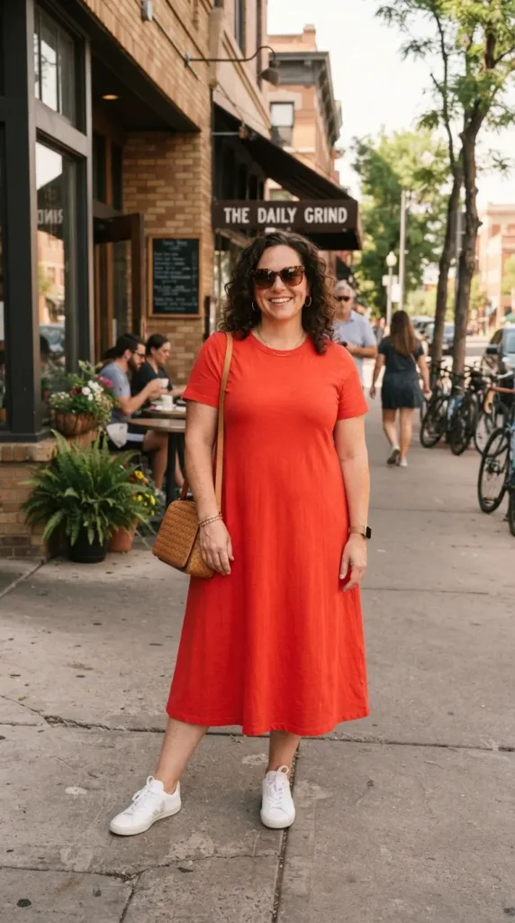 Plus-size pear-shaped woman in a red midi dress and white sneakers