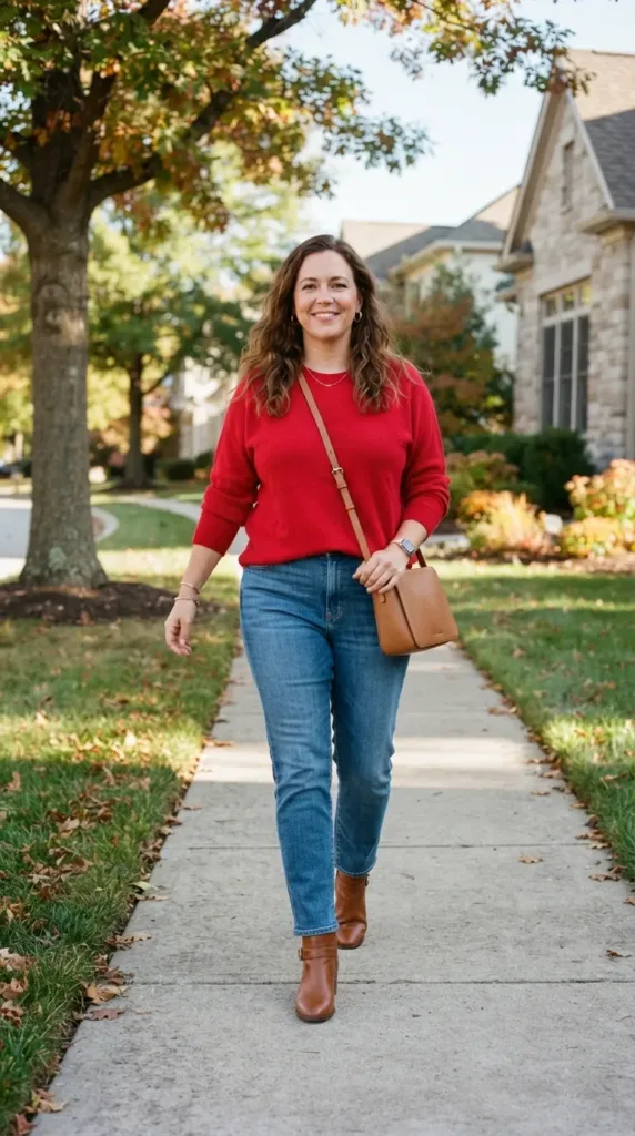 Curvy woman in a red sweater, straight jeans, and ankle boots for casual weekend style