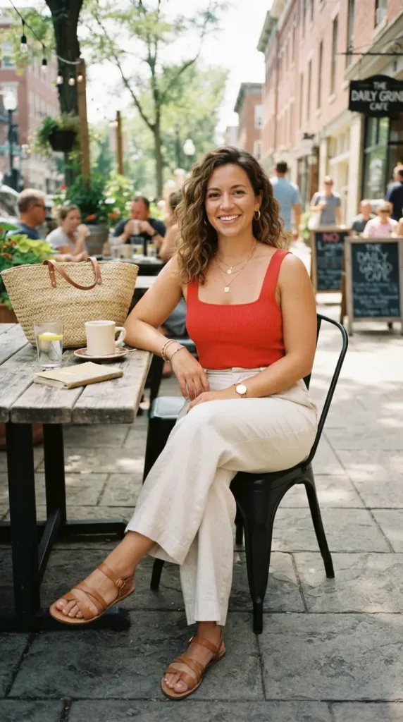 Petite-curvy woman wearing a red tank and linen pants for summer