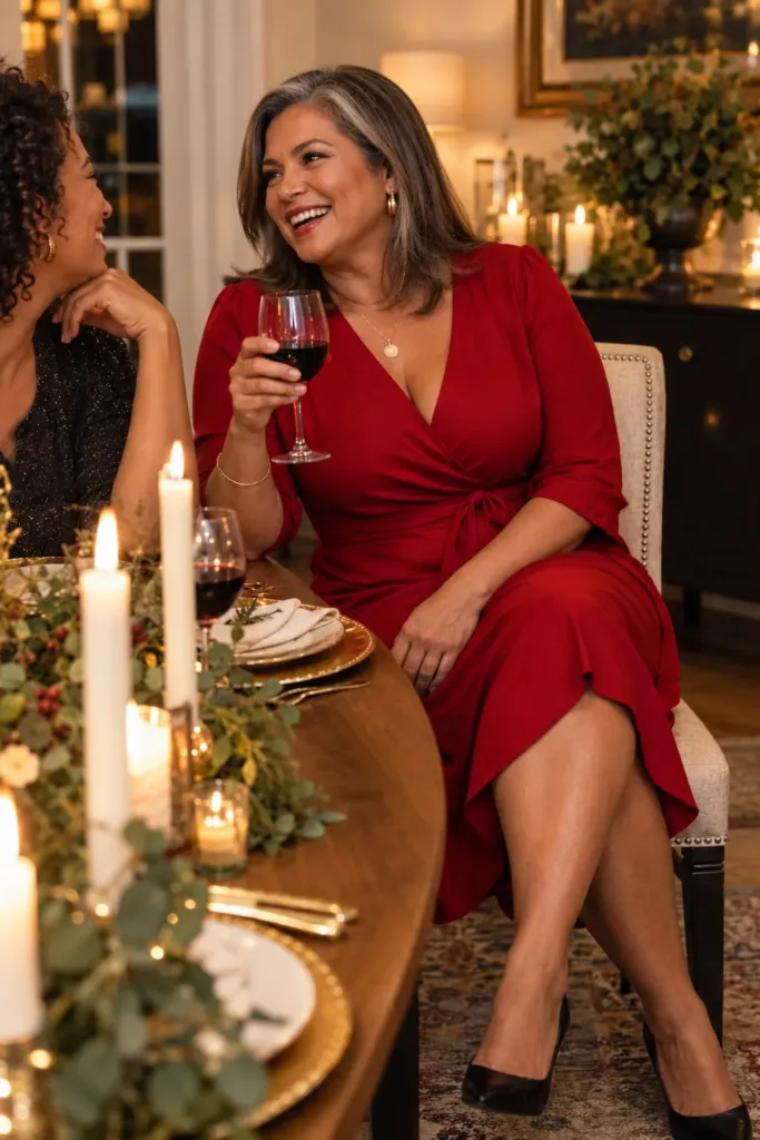 Woman over 50 in elegant red wrap dress