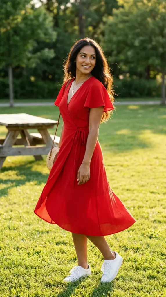 Curvy woman in a red wrap midi dress and white sneakers at a Memorial Day park cookout