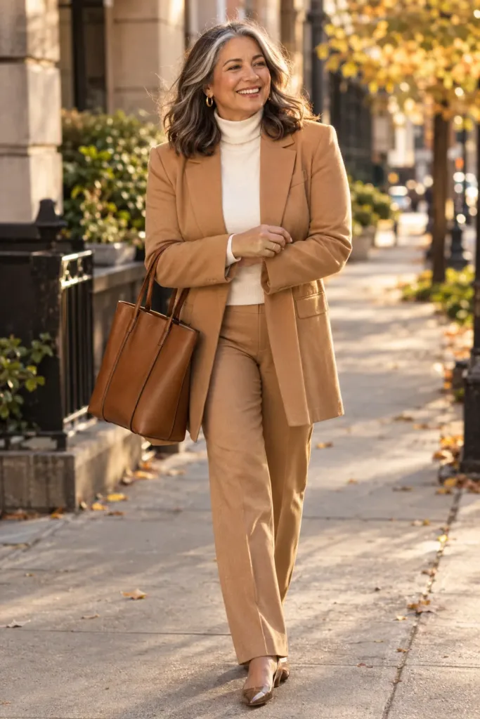 Fall 2026 Fashion Trends for Women Over 50 to Wear Right Now 2 Woman over 50 wearing a camel longline blazer