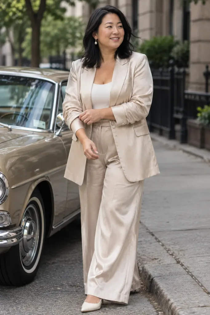 Plus size girl in a champagne satin blazer and trouser set for a homecoming dance