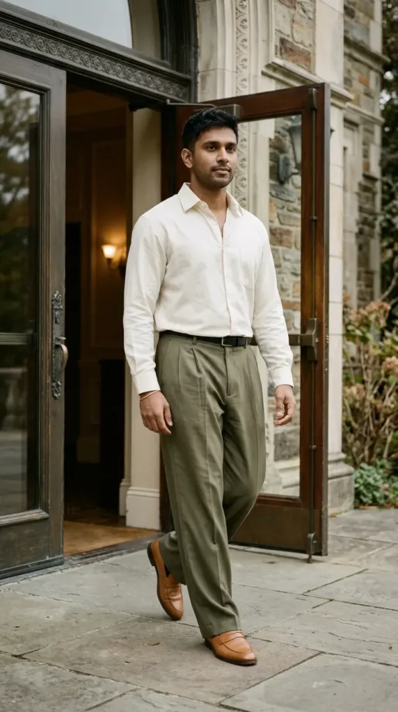 Man in olive wide-leg trousers and cream shirt, relaxed tailoring hoco outfit for men