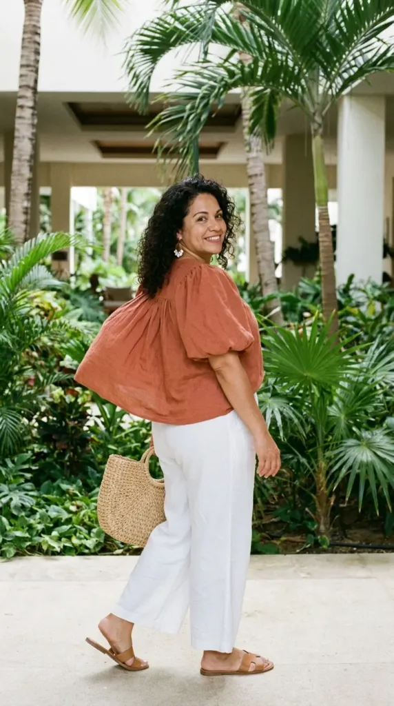 Woman in a terracotta crepe puff-sleeve top and white wide-leg pants arriving at a beach resort