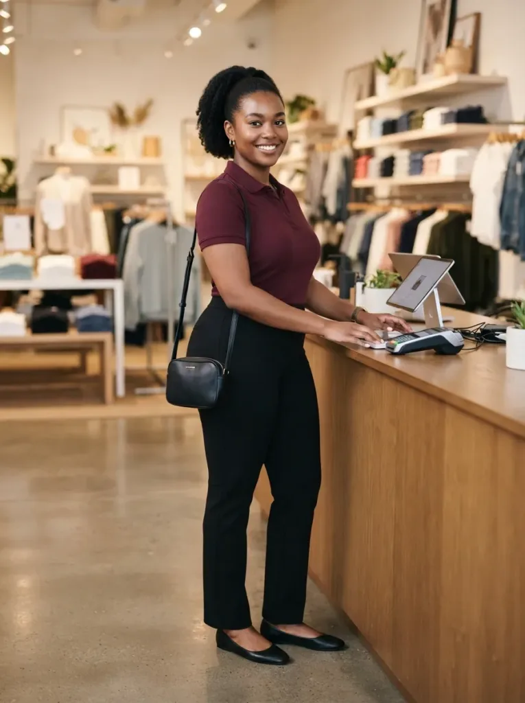 Plus size retail work outfit with ponte pants for rainy spring shifts