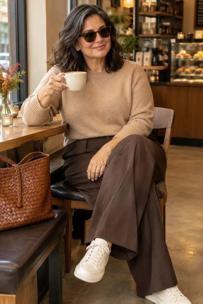 Curvy hourglass woman over 50 in camel sweater