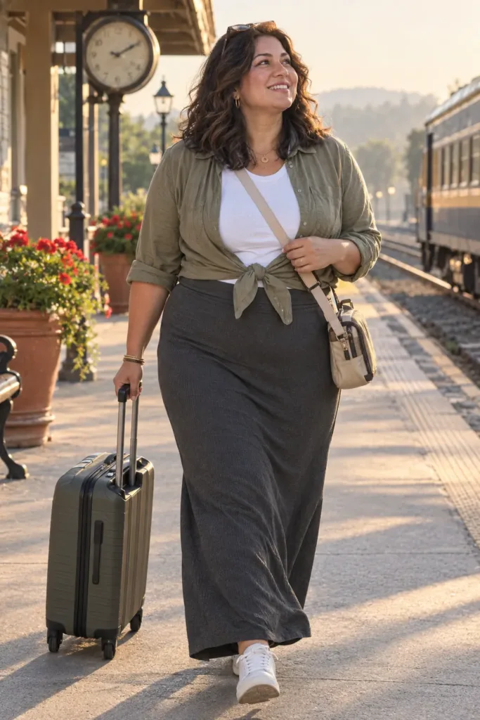 Plus size ribbed jersey maxi skirt travel outfit with sneakers on a train platform