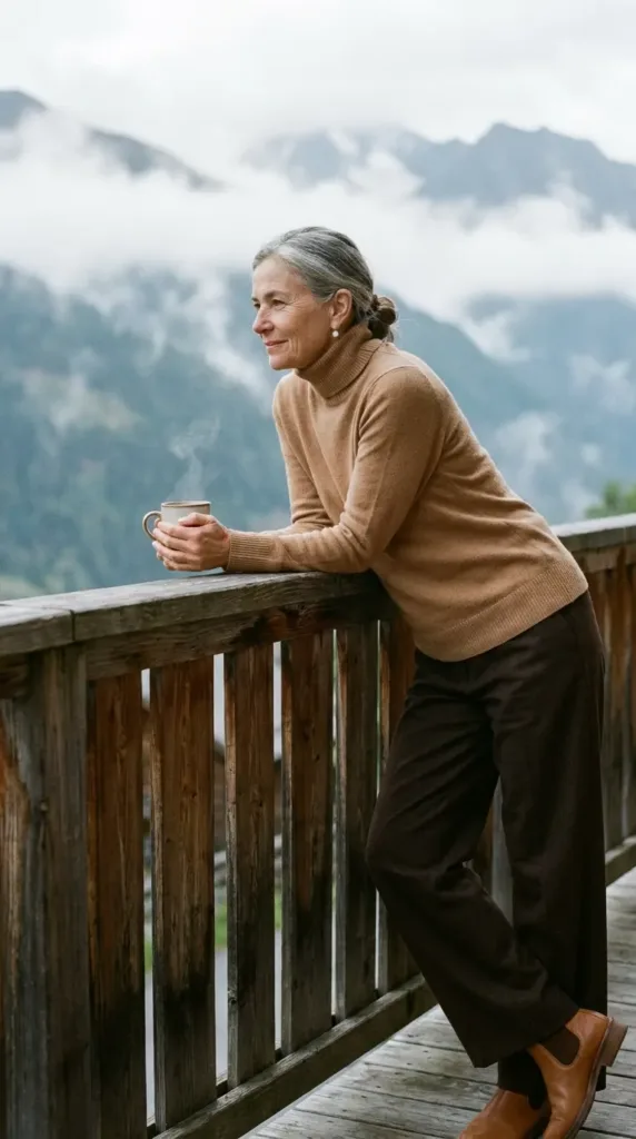Woman in a striped cotton-modal tee and olive jacket on a road trip wearing a wrinkle-resistant travel top