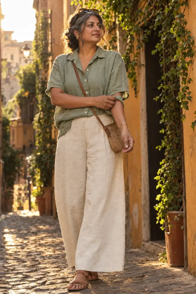 Plus size woman in cream linen wide-leg pants and sage shirt walking a Rome lane in summer