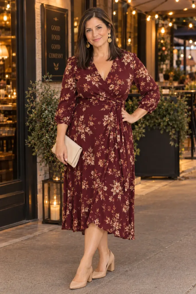 10 Fall Outfits That Flatter a Tummy Over 50 and Easy Styling Ideas for Women 6 Curvy woman over 50 in burgundy floral wrap