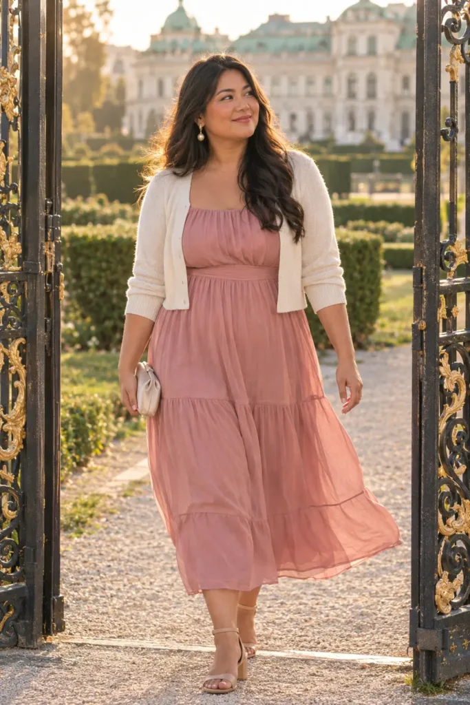 Plus size woman in dusty-rose puff-sleeve midi dress and pearl earrings in a Vienna palace garden