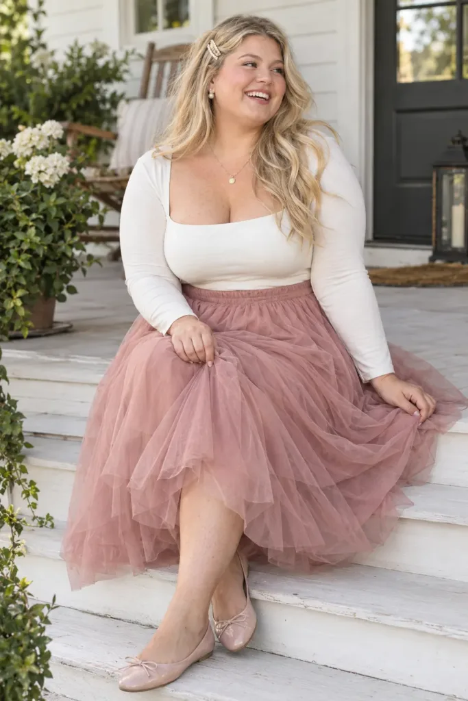 Plus size hoco outfit with a dusty-rose tulle midi skirt and ivory square-neck bodysuit