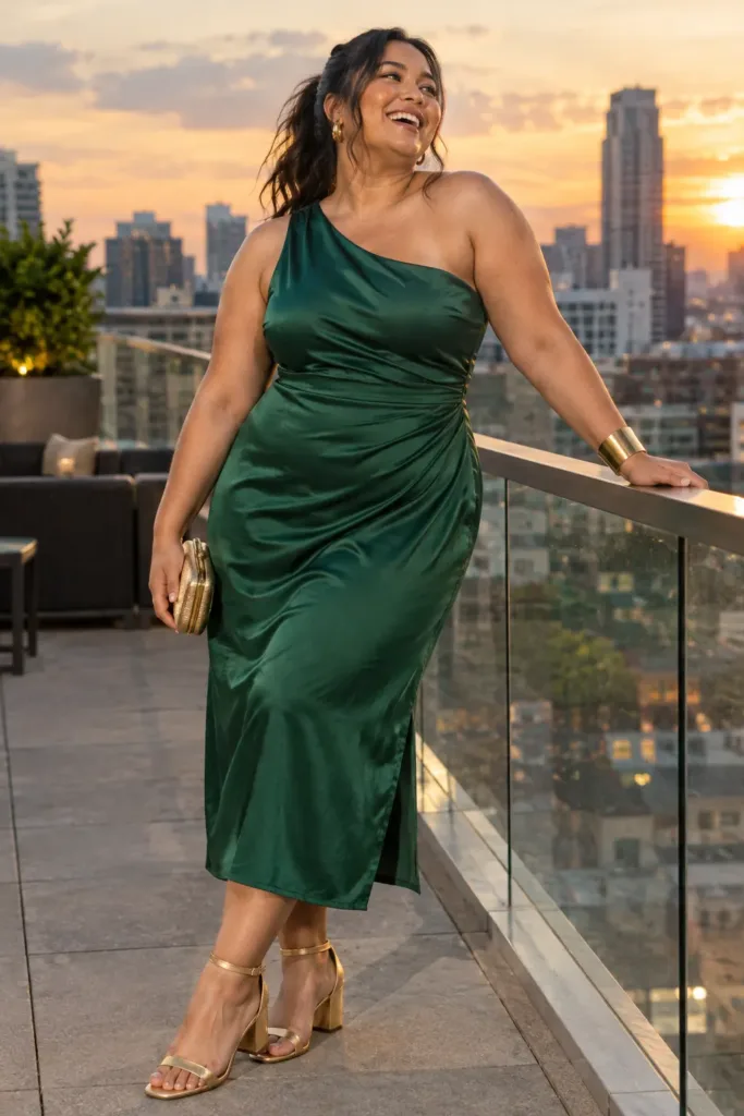 10 Amazing Plus Size Summer Wedding Dresses for Curvy Women 6 Plus size emerald one-shoulder midi dress for a summer rooftop wedding reception