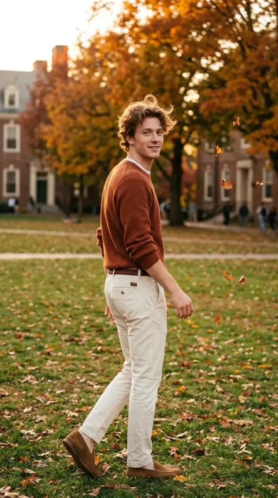 : Man in rust knit sweater and cream trousers, a fall hoco outfit for men