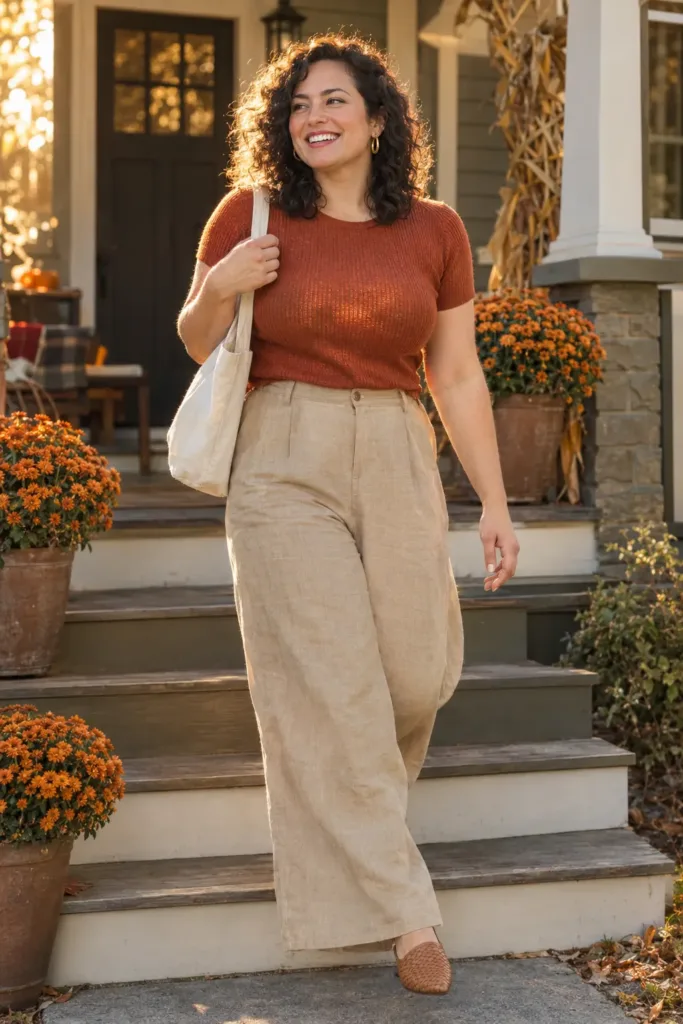 Plus size woman in rust ribbed knit and khaki wide-leg trousers, a warm weather fall outfit