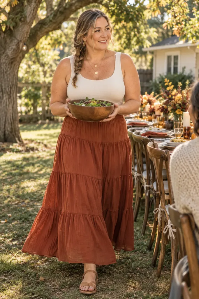  Plus size Friendsgiving outfit with a rust tiered maxi skirt and cream bodysuit in warm weather