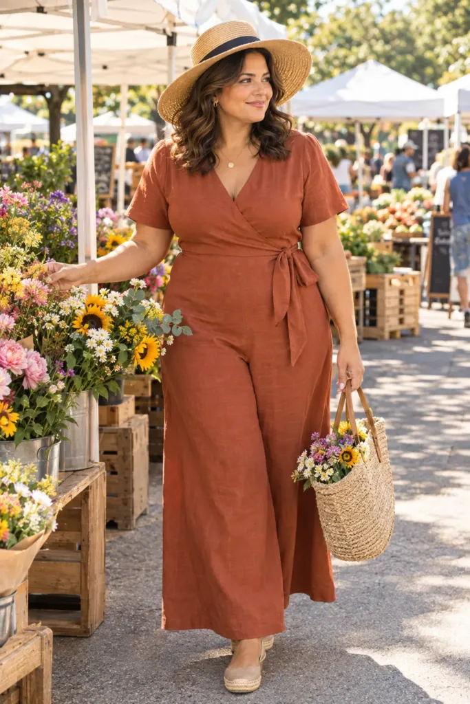 10 Plus Size Old Money Summer Outfits You'll Re-Wear 11 Curvy woman in rust linen wrap jumpsuit and straw hat at a farmers market