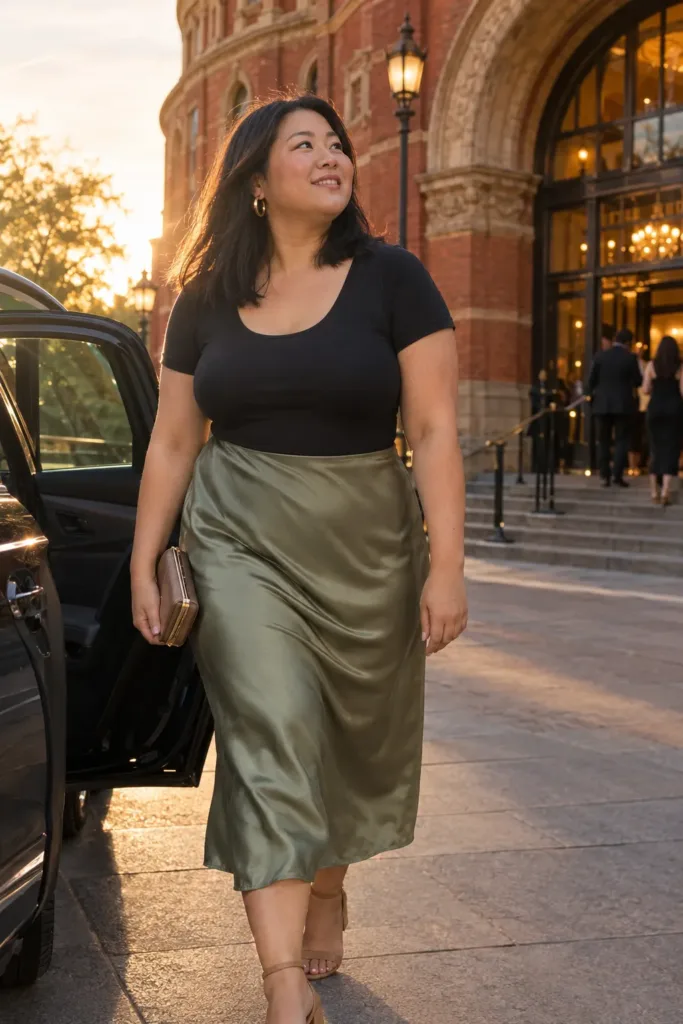 10 Stunning Plus Size Summer Nashville Outfits for Curvy Women 3 Β Curvy woman in a sage satin midi skirt and black bodysuit outside a historic Nashville music hall