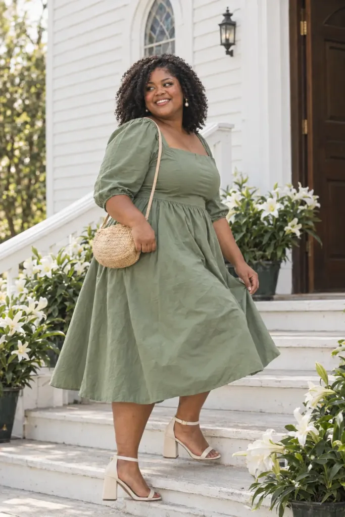 Plus size woman in a sage green midi dress and cream sandals on church steps for an Easter Sunday outfit