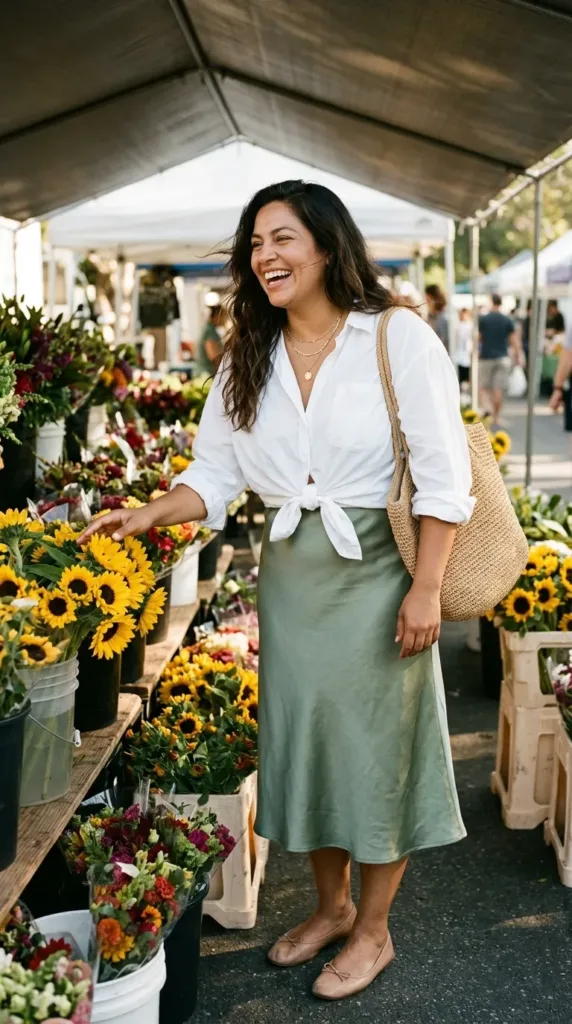 Woman in sage green satin skirt and knotted white button-down choosing flowers at a farmers market