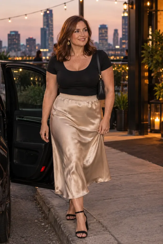  Plus size woman in a champagne satin midi skirt and black top at a rooftop date night