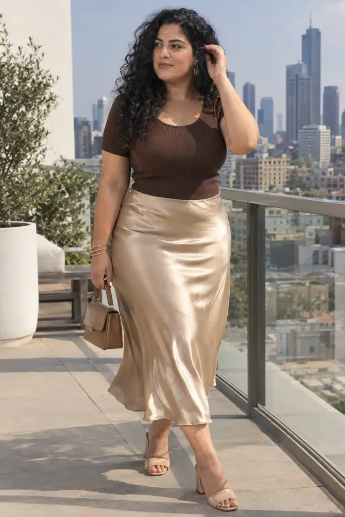 10 Plus Size Summer Brunch Outfits for Curvy Women 5 Curvy woman in champagne satin midi skirt and brown bodysuit at a rooftop summer brunch