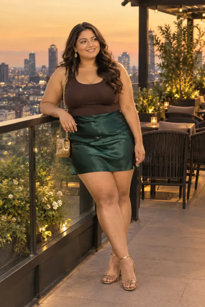 Curvy woman in an emerald satin mini skirt, brown tank, and gold sandals on a rooftop terrace