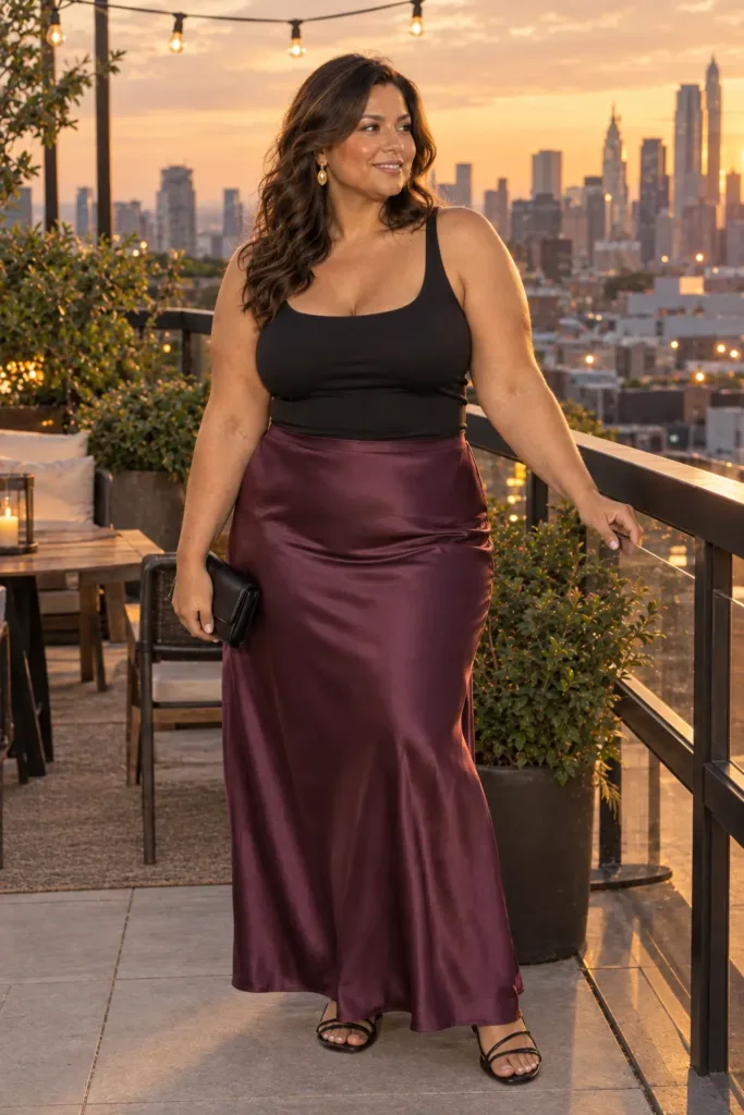 10 Plus Size Summer Going Out Outfits You'll Love 8 Plum satin maxi skirt with black cami, romantic plus size summer outfit for a rooftop night