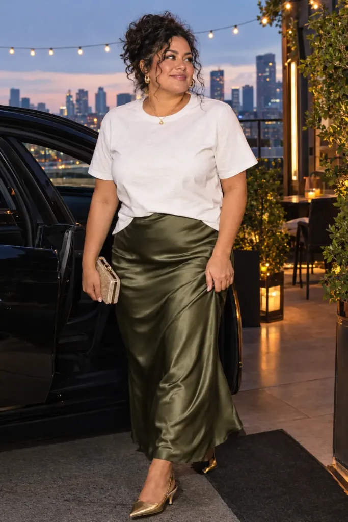  Curvy woman wearing olive satin slip skirt and white tee on a rooftop dinner terrace
