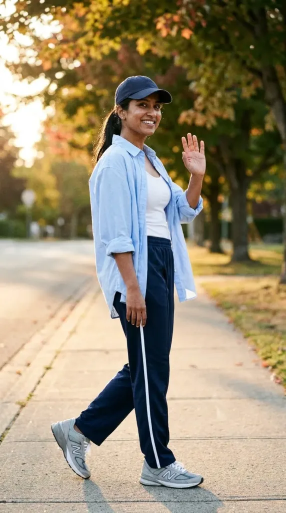 Navy track pants sweatpants outfit with an open blue shirt and retro sneakers