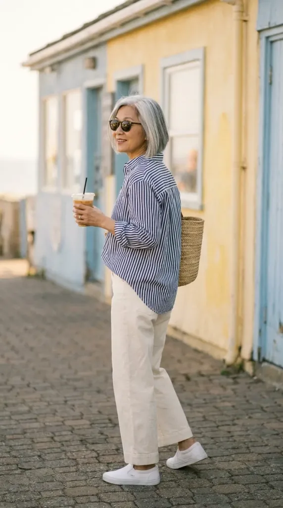 What to Wear on a Beach Vacation Over 50 6 Woman over 50 in a striped tee and cream wide-leg crops on a seaside street, beach vacation outfit