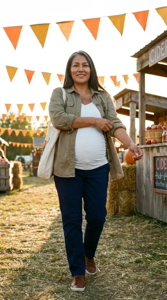 Mom-to-be in a khaki shacket, white tank and navy maternity chinos, a layered fall pregnancy outfit