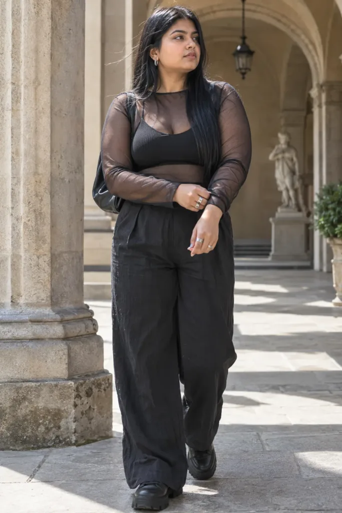 Plus size woman in black mesh top and wide-leg linen pants outside an art museum, summer goth outfit