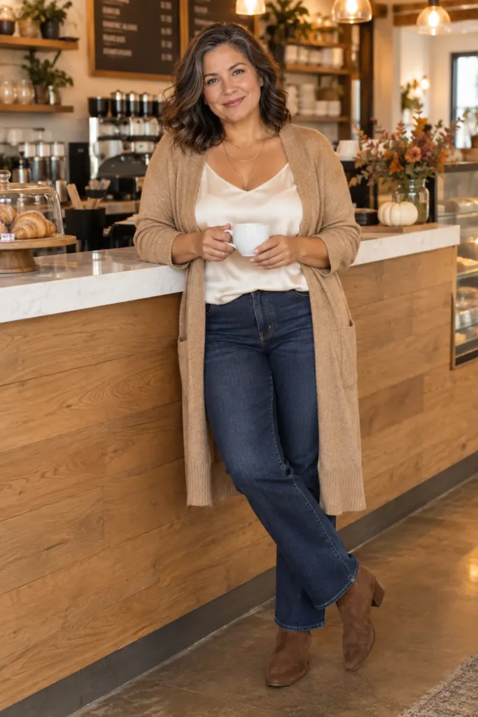 camel cardigan and dark straight jeans
