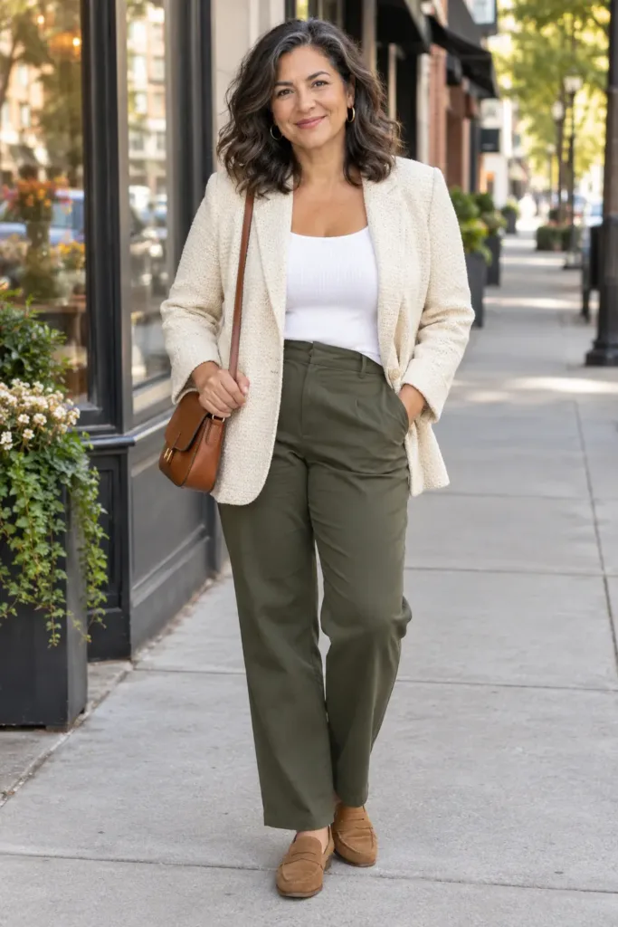 Midsize woman over 50 wearing cream knit blazer