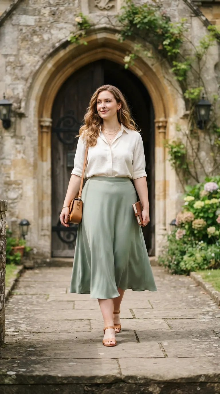 Plus size sage skirt and blouse outfit for a modest Easter church look