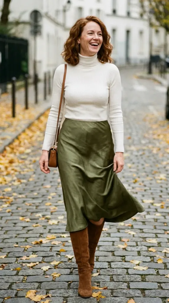 Woman in an ivory turtleneck bodysuit with an olive satin midi skirt and brown boots