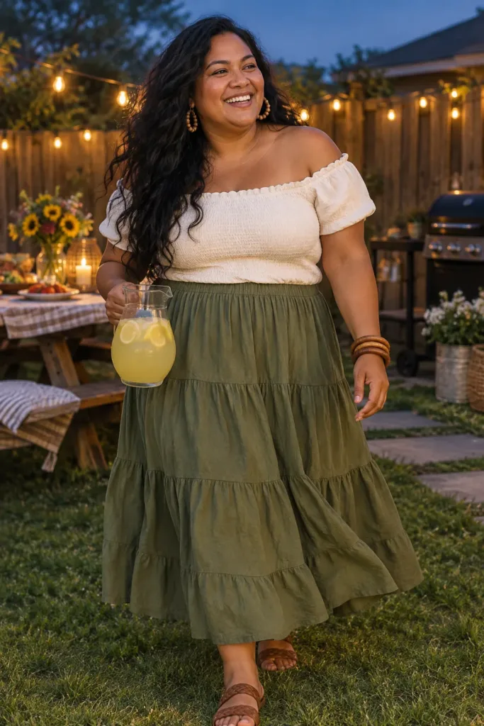 Curvy woman in an ivory smocked top and olive tiered midi skirt at a backyard party, boho summer style