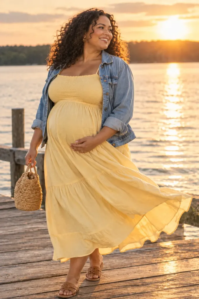 Butter yellow smocked sundress for a plus size summer pregnancy outfit by the lake