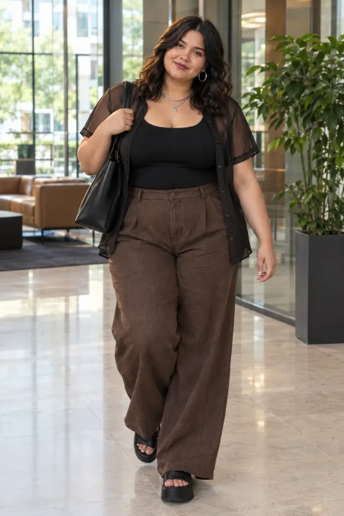 10 Plus Size Alt Summer Outfits for Curvy Women 4 Plus size woman in brown wide-leg pants and black ribbed tank, edgy summer office look