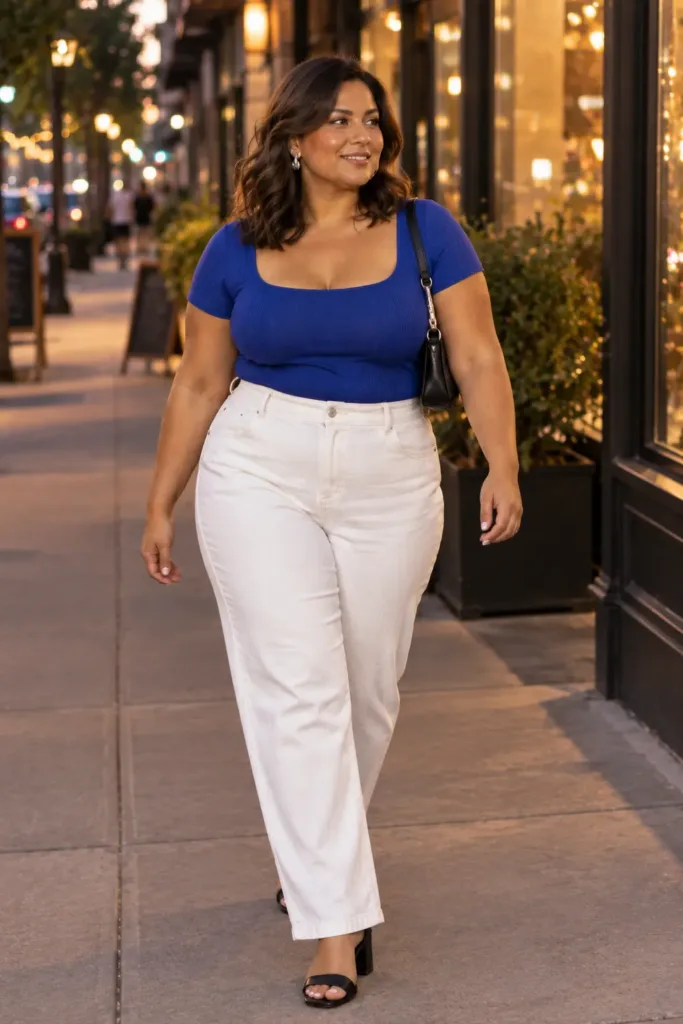 10 Plus Size Summer Going Out Outfits You'll Love 3 Curvy woman in cobalt square-neck top and white straight-leg jeans for a summer night out