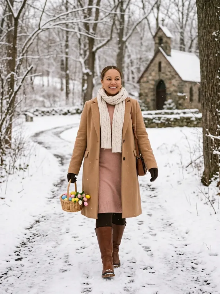 Plus size cold weather Easter outfit for a snowy early spring holiday