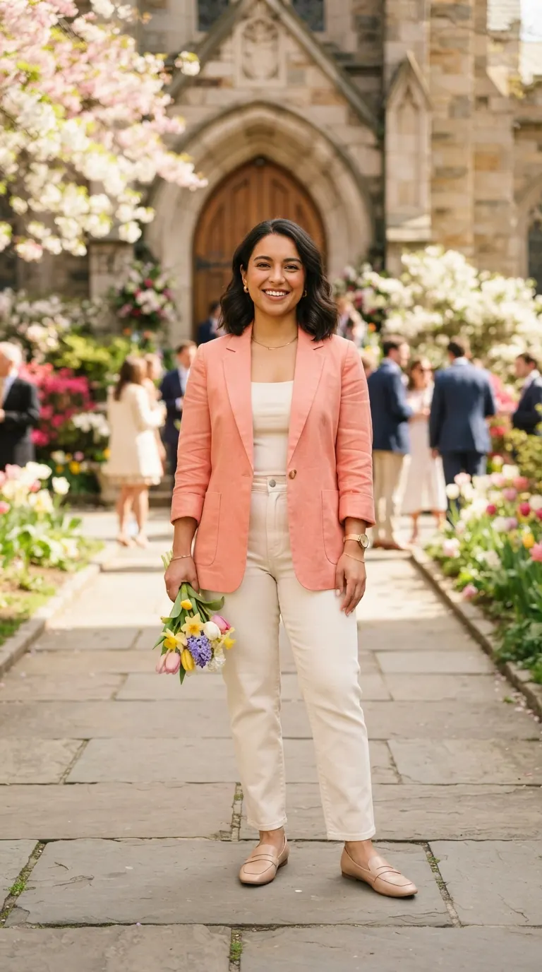 Plus size coral blazer outfit with cream trousers for a colorful Easter church look